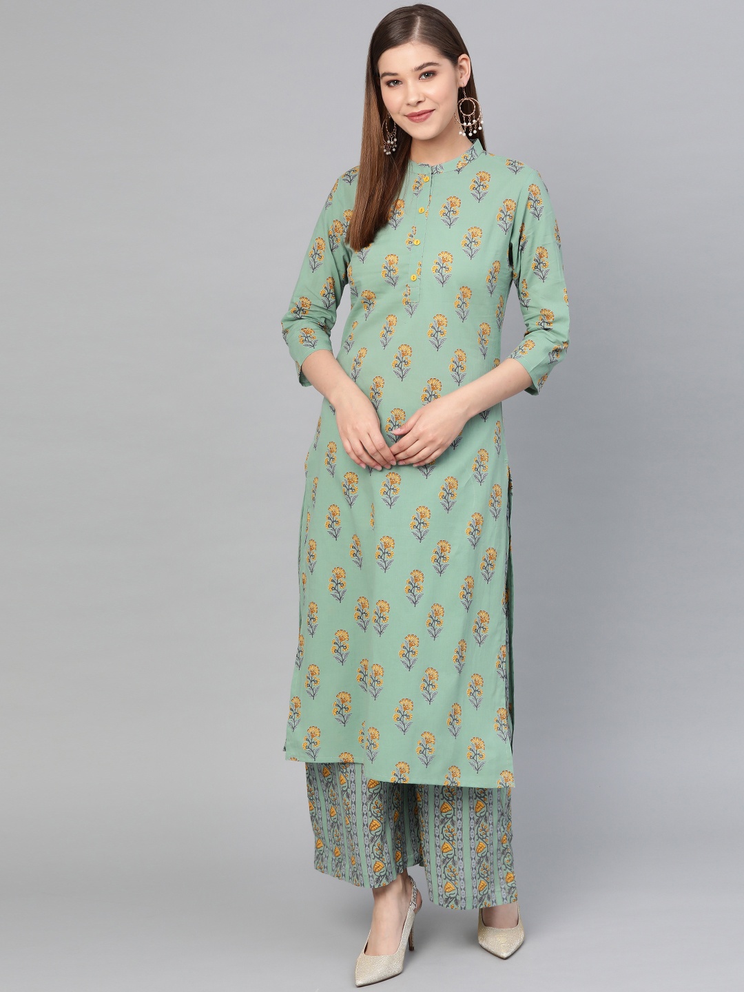 

Yufta Women Green & Orange Printed Straight Kurta with Palazzos