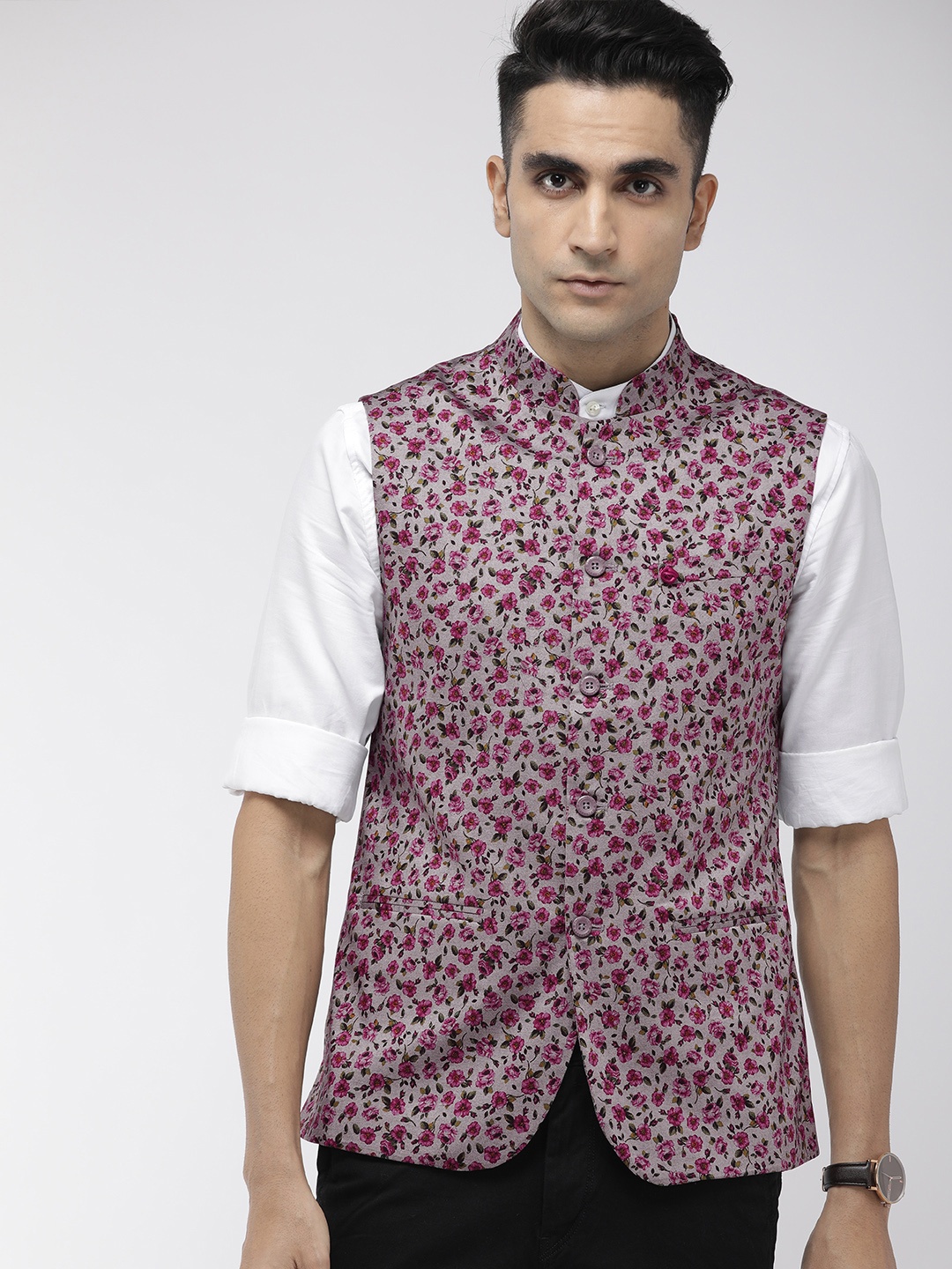 

The Indian Garage Co Men Grey & Pink Printed Pure Cotton Nehru Jacket