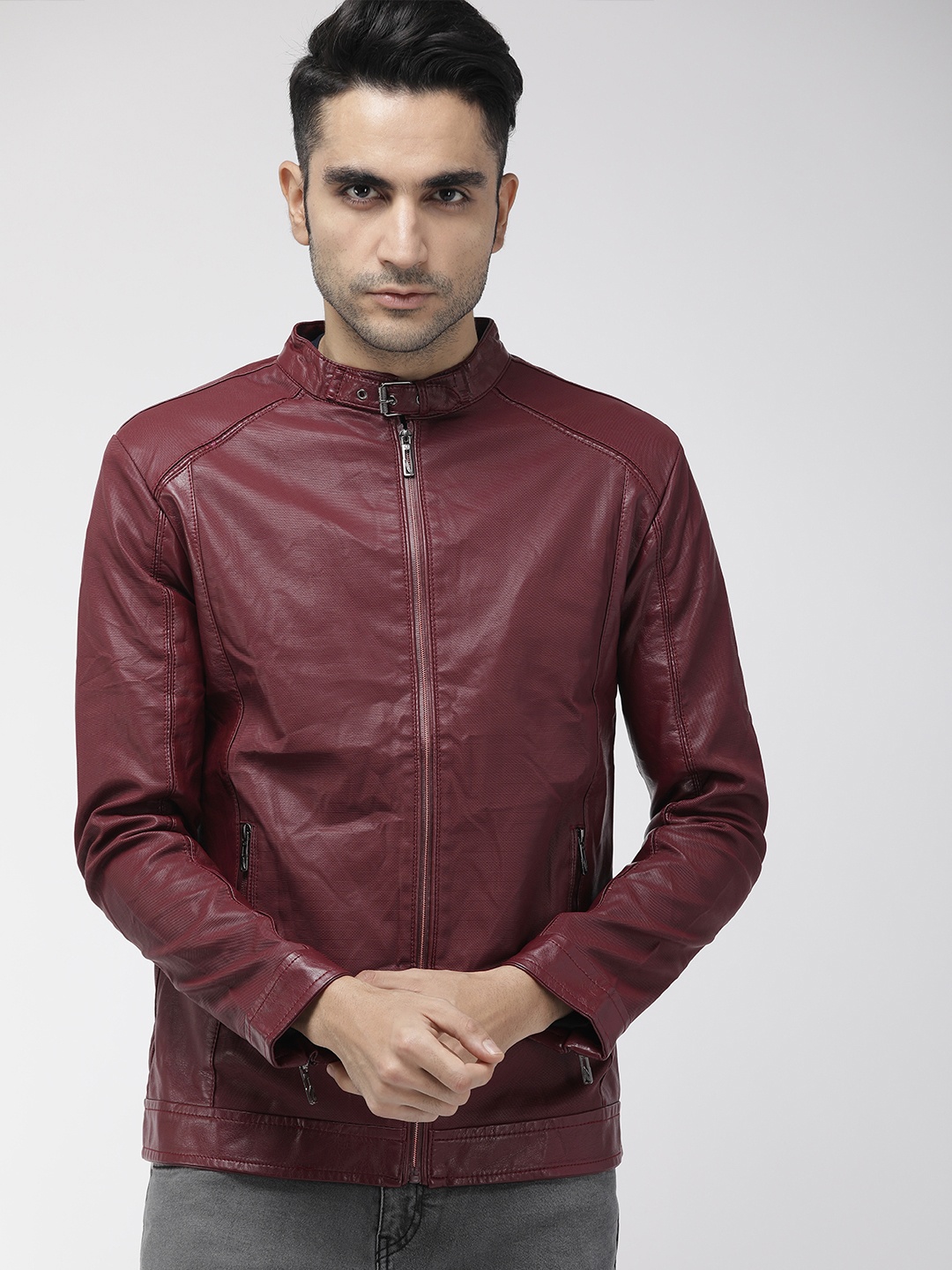 

The Indian Garage Co Men Burgundy Self Design Biker Jacket