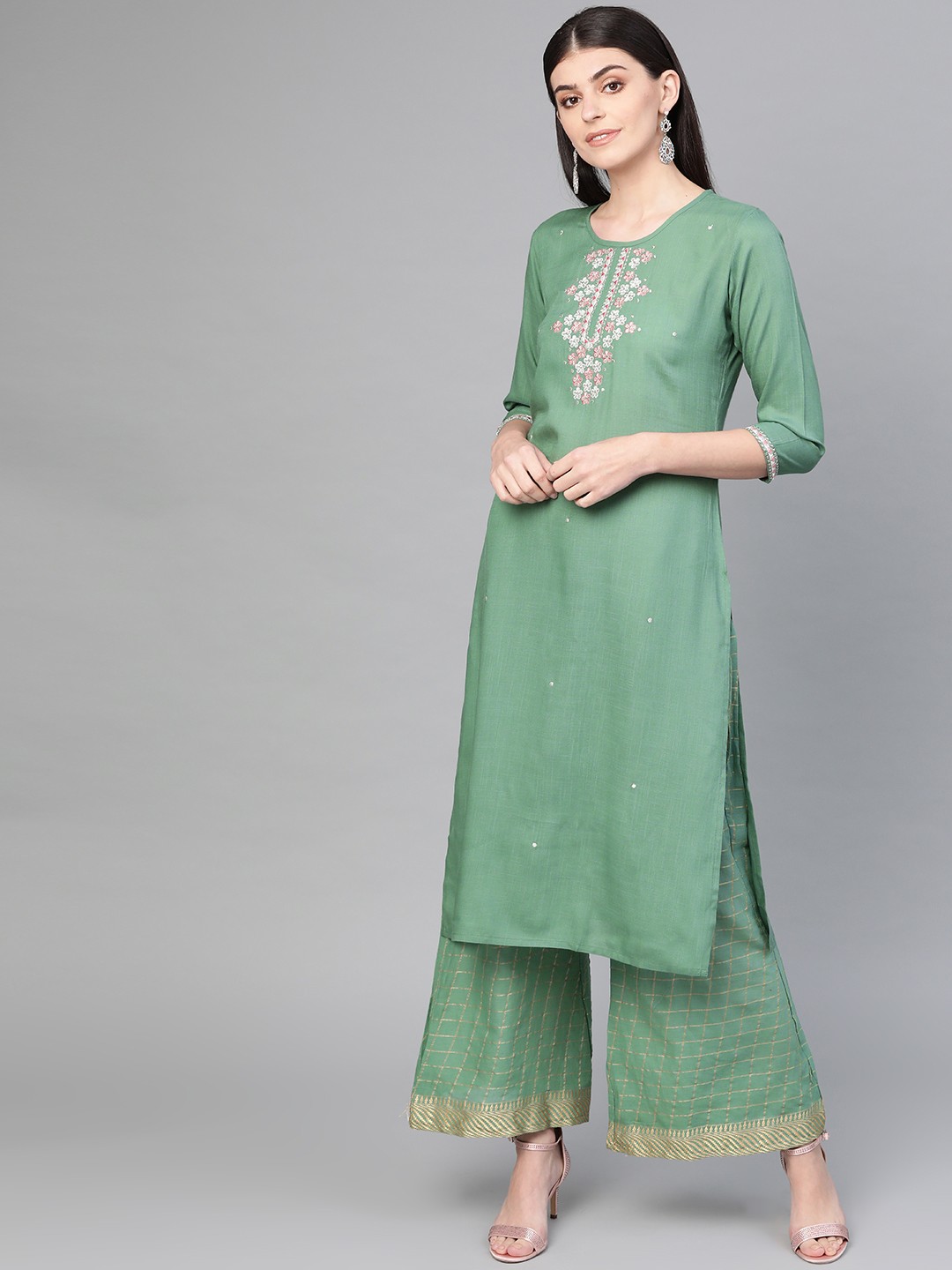 

Yufta Women Green & Silver Embroidered Kurta with Palazzos