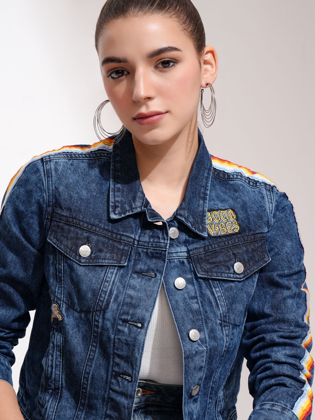 

Tokyo Talkies Women Blue Solid Denim Jacket