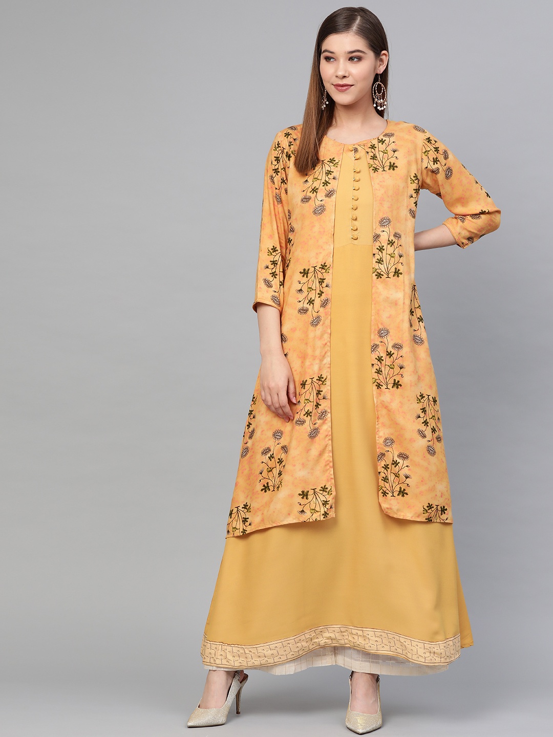 

Yufta Women Mustard Yellow & Green Printed Layered A-Line Kurta