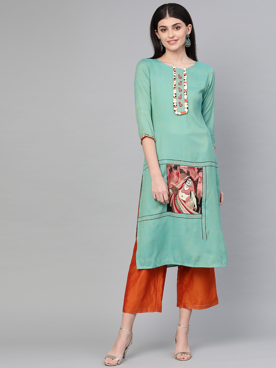 

Yufta Women Green Embroidered Straight Kurta