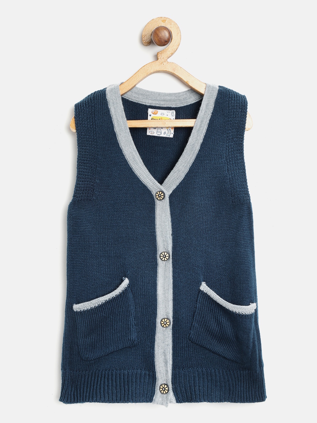 

Nauti Nati Boys Navy Blue & Grey Acrylic Cardigan with Self Design Back