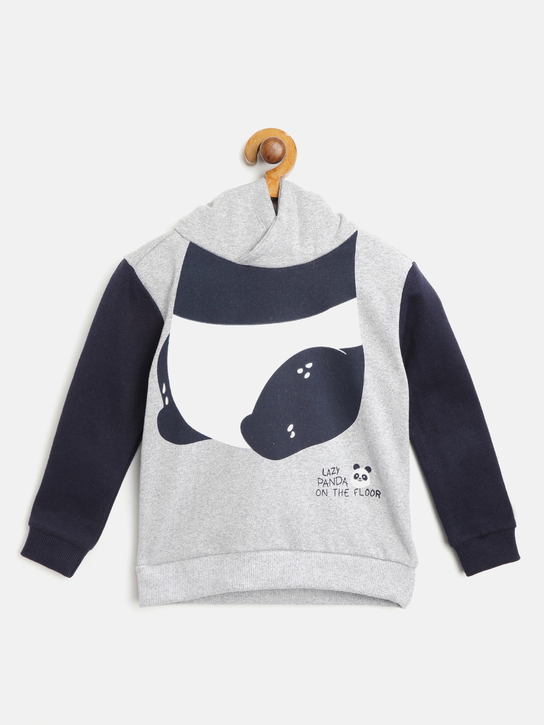 

Nauti Nati Boys Grey Melange & Navy Blue Printed Hooded Sweatshirt