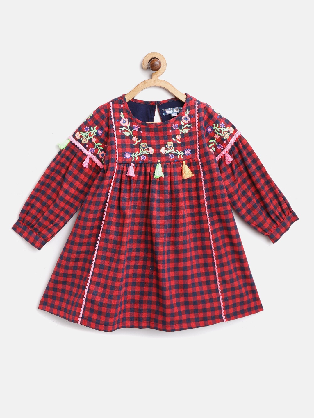 

Nauti Nati Girls Red & Navy Blue Floral Embroidered Checked A-Line Dress
