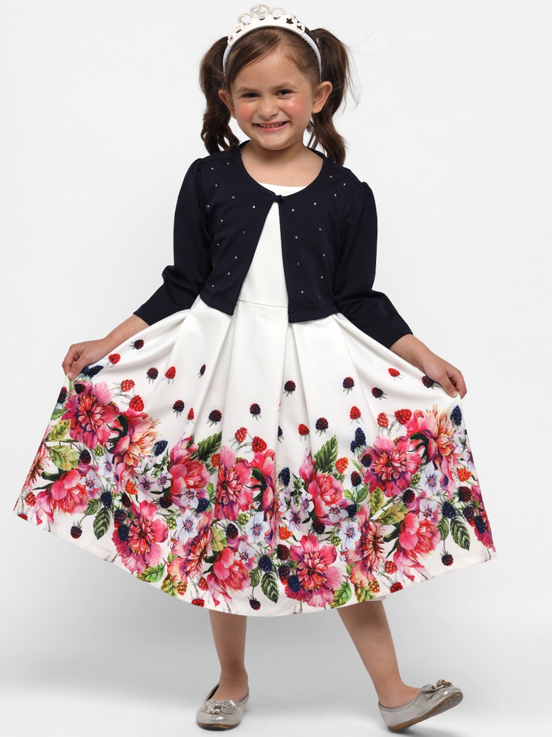 

Nauti Nati Girls White & Navy Blue Floral Printed Fit & Flare Dress with Shrug