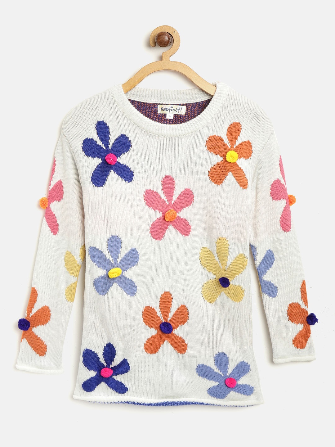 

Nauti Nati Girls White & Blue Floral Self Design Pullover Sweater