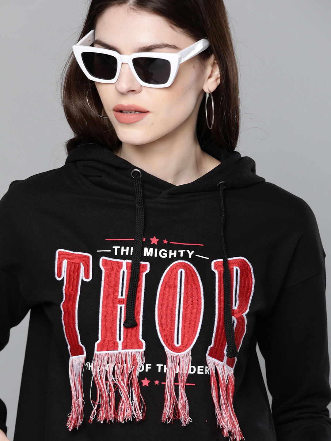 

Kook N Keech Marvel Women Black & Red Thor Embroidered Hooded Sweatshirt