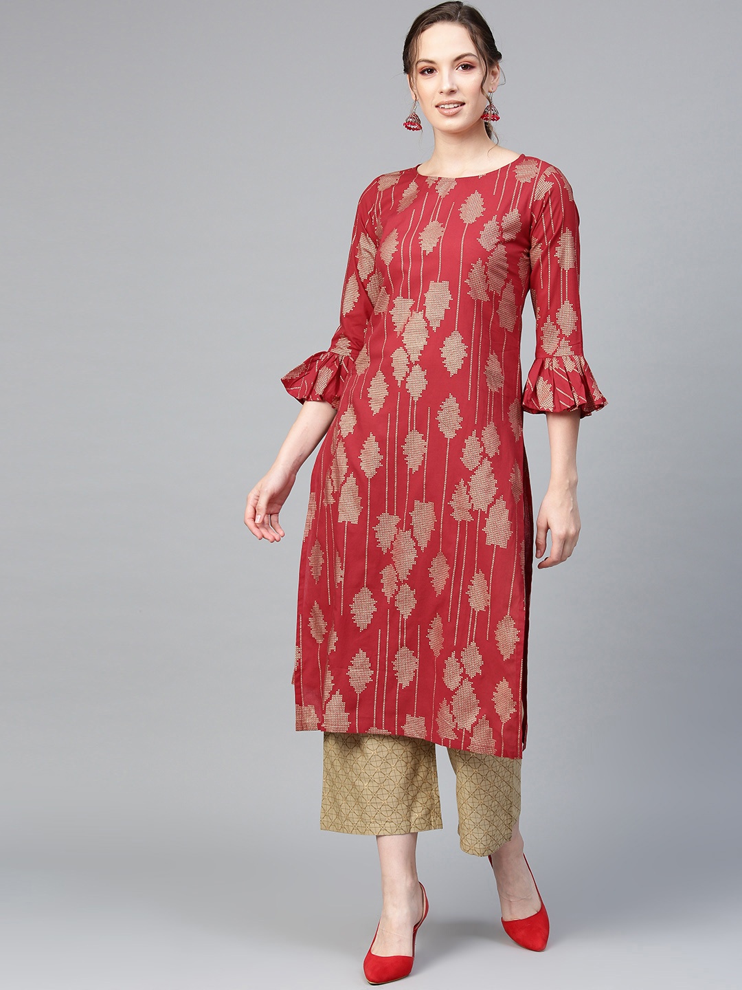 

Indo Era Women Red & Golden Foil Print Kurta with Palazzos