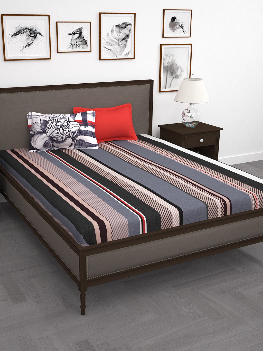 

Story@home Grey & Red Striped 186 TC Cotton 1 Double Bedsheet with 2 Pillow Covers