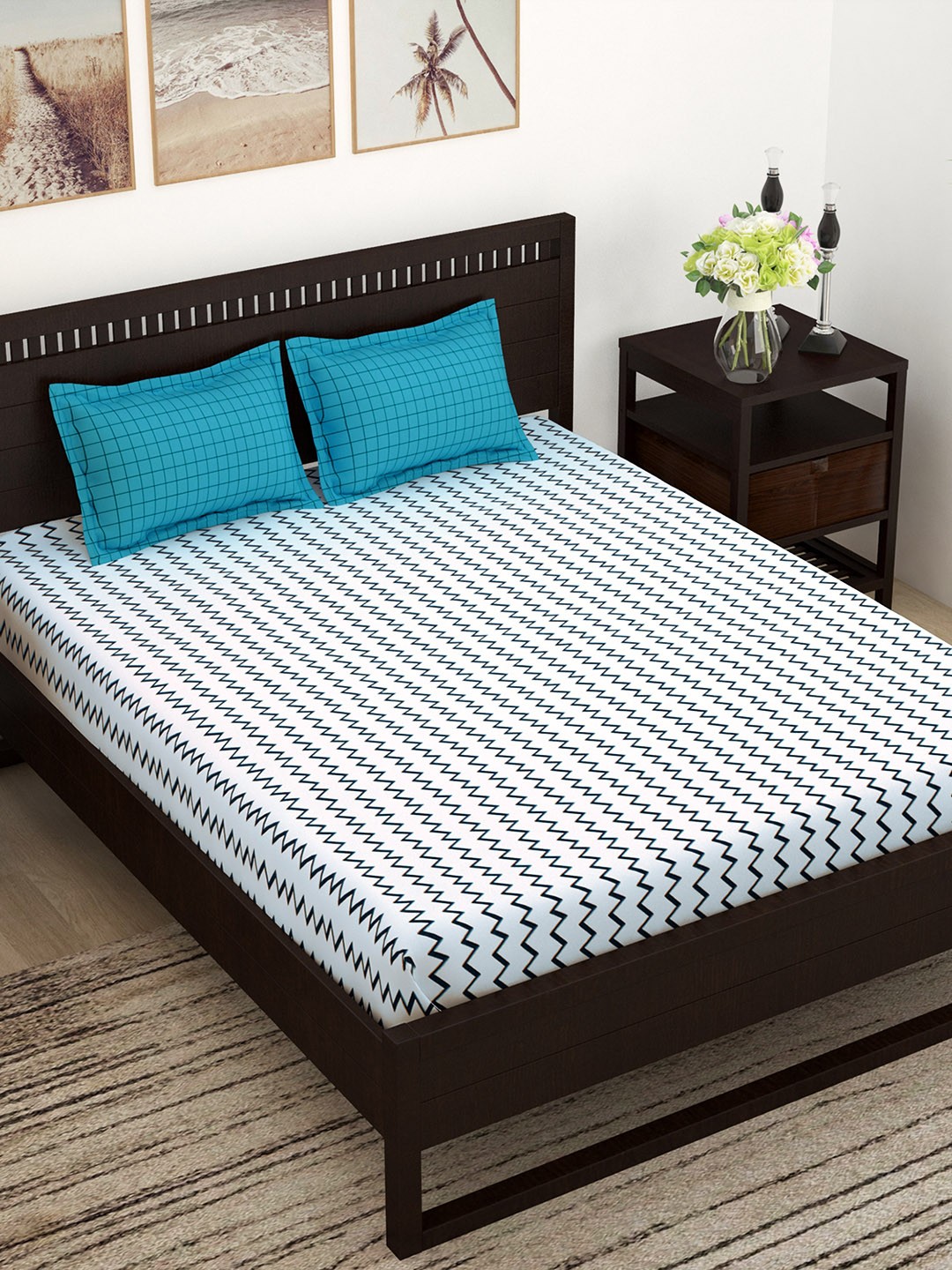 

Story@home Unisex White & Blue 144 TC Cotton 1 King Bedsheet with 2 Pillow Covers