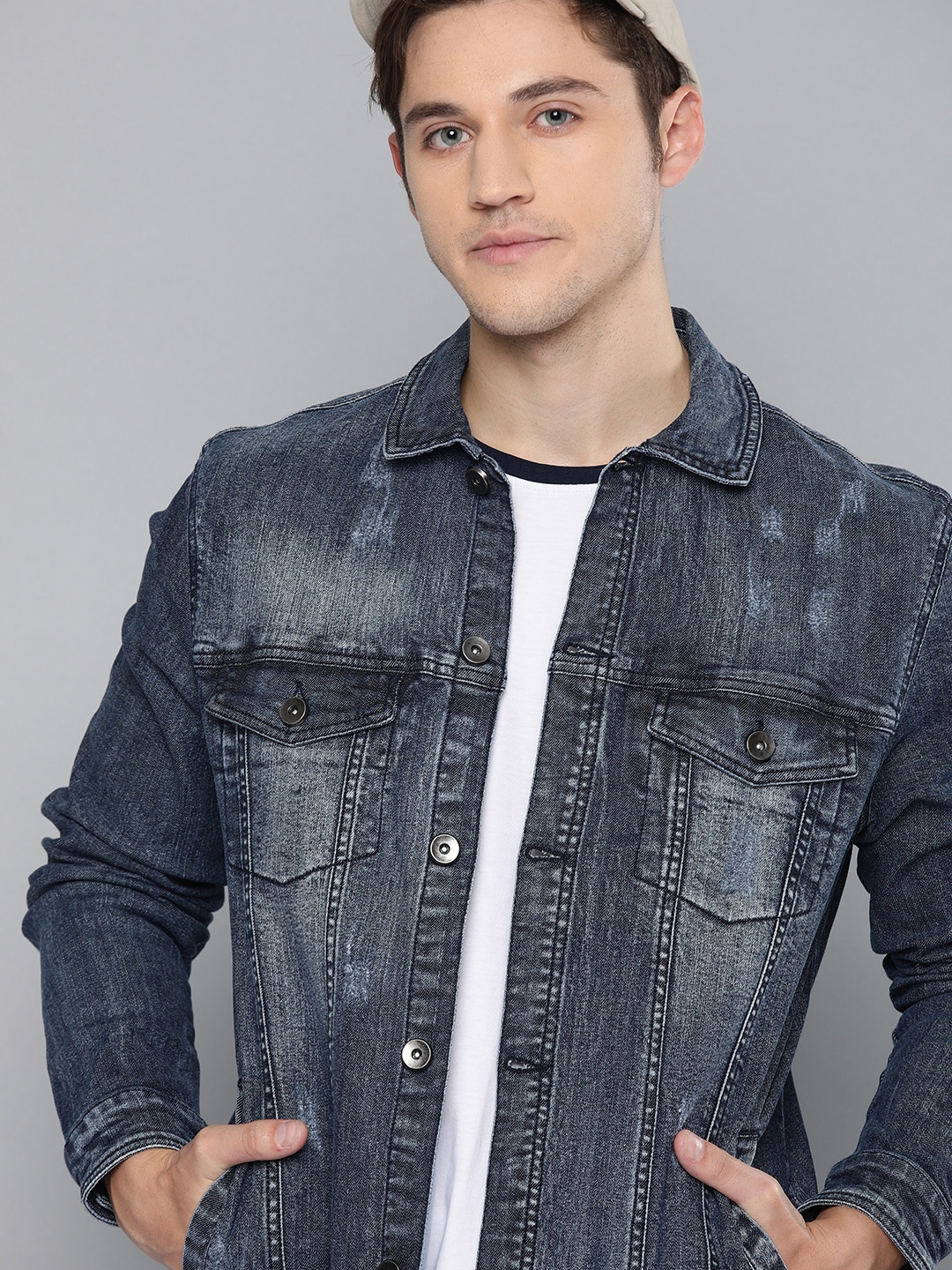 

SINGLE Men Blue Solid Slim Fit Denim Jacket