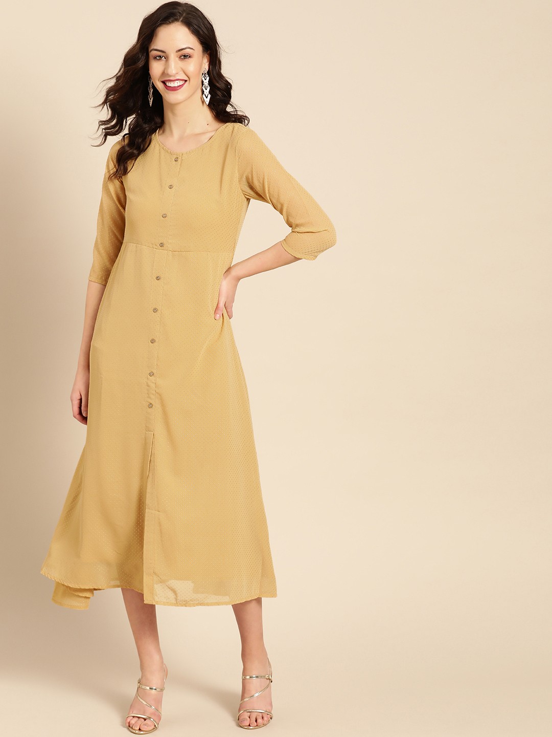 

IMARA Women Beige Self Design A-Line Dress