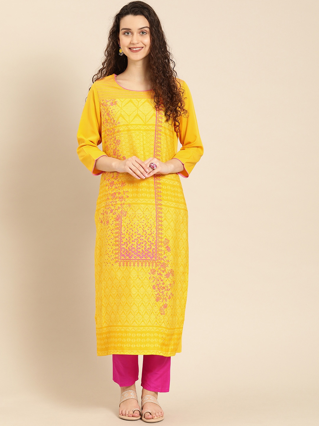 

IMARA Women Yellow & Pink Printed Straight Kurta