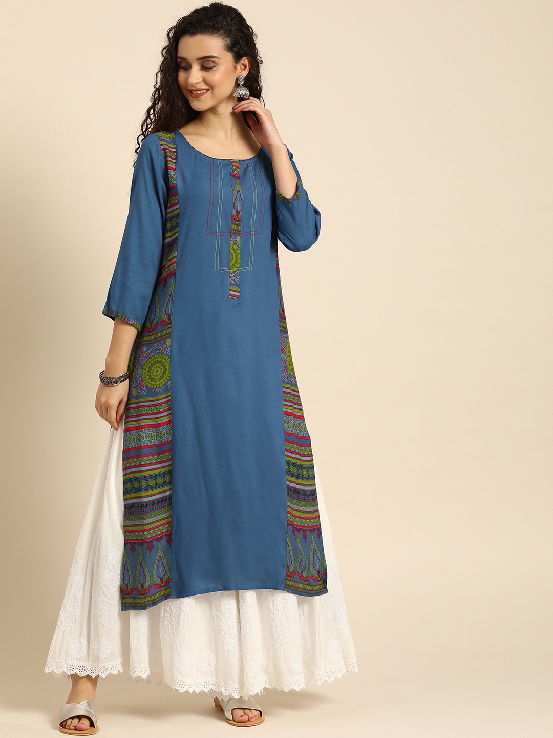 

IMARA Women Blue & Green Printed A-Line Kurta