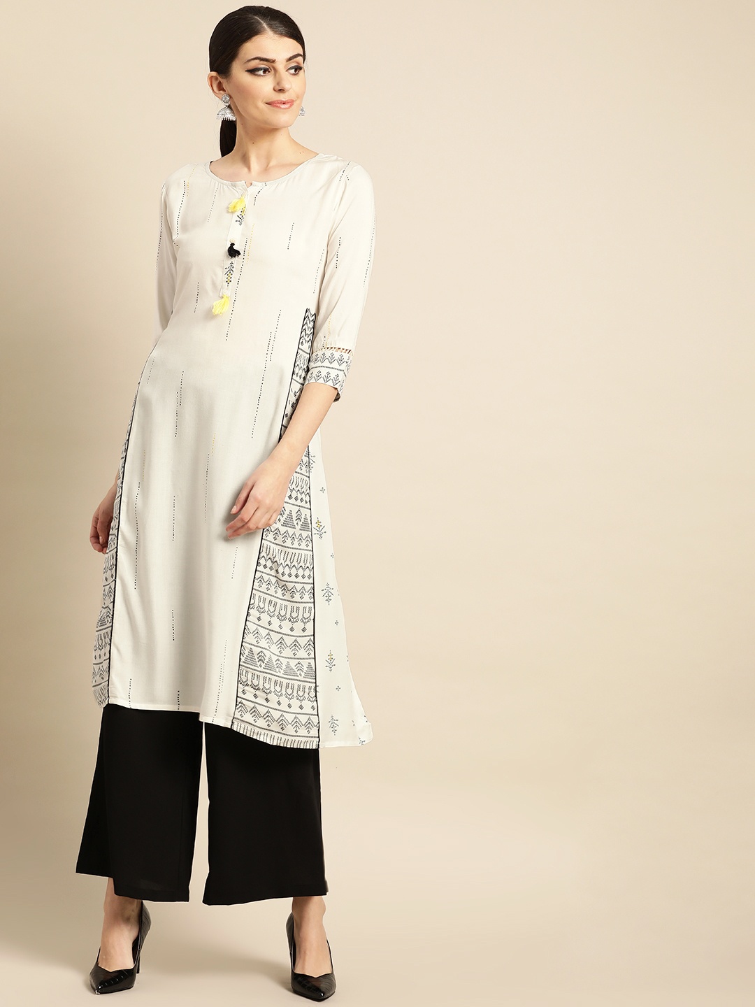 

IMARA Women White & Black Printed A-Line Kurta