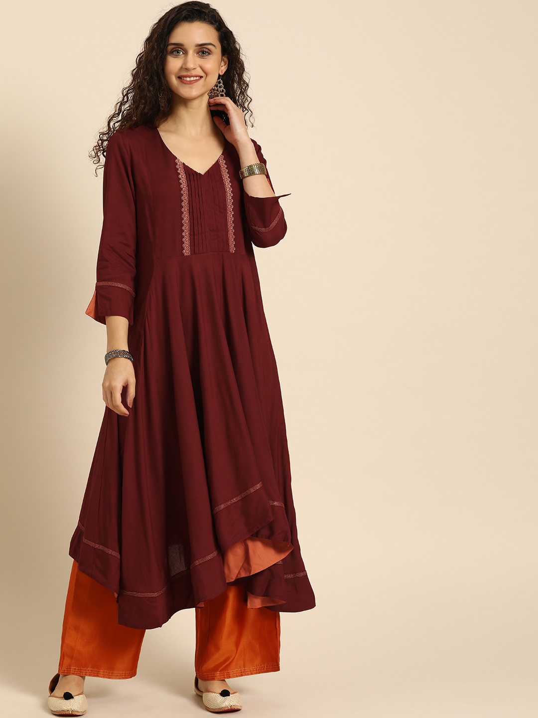 

IMARA Women Maroon Solid A-Line Kurta