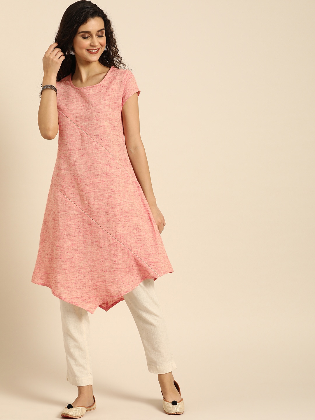 

IMARA Women Peach-Coloured Solid A-Line Asymmetric Kurta