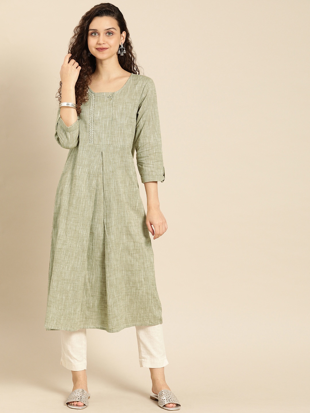 

IMARA Women Olive Green Solid A-Line Kurta