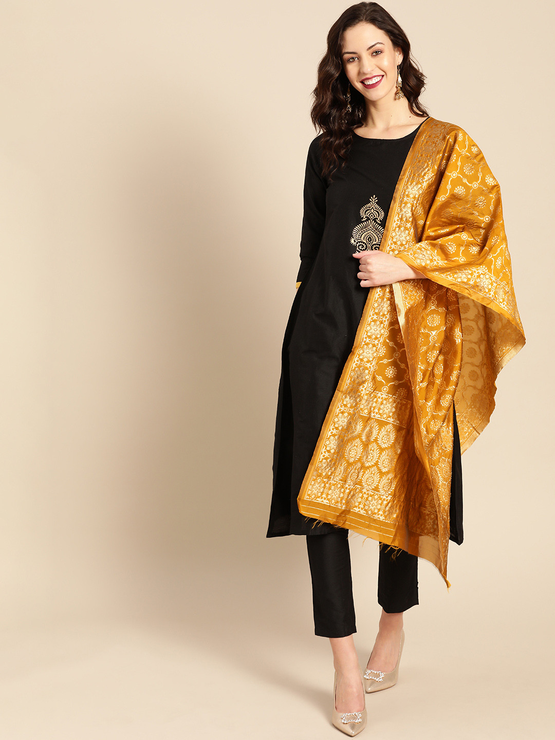 

IMARA Women Black & Mustard Solid Kurta with Trousers & Dupatta