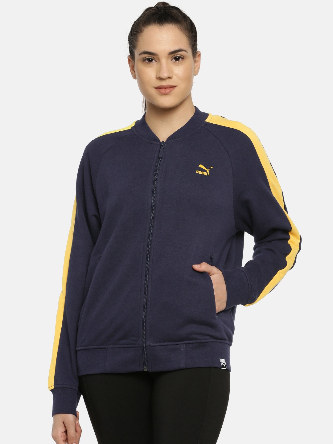 

Puma Women Navy Blue & Yellow Printed Classics Logo T7 Track Sweatshirt