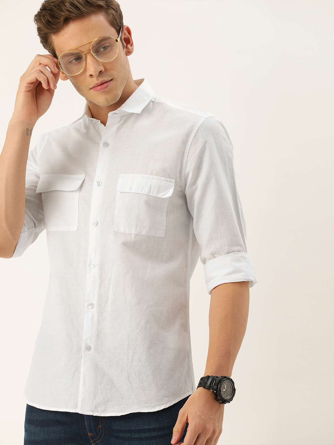 

INVICTUS Men White Slim Fit Solid Casual Linen Shirt