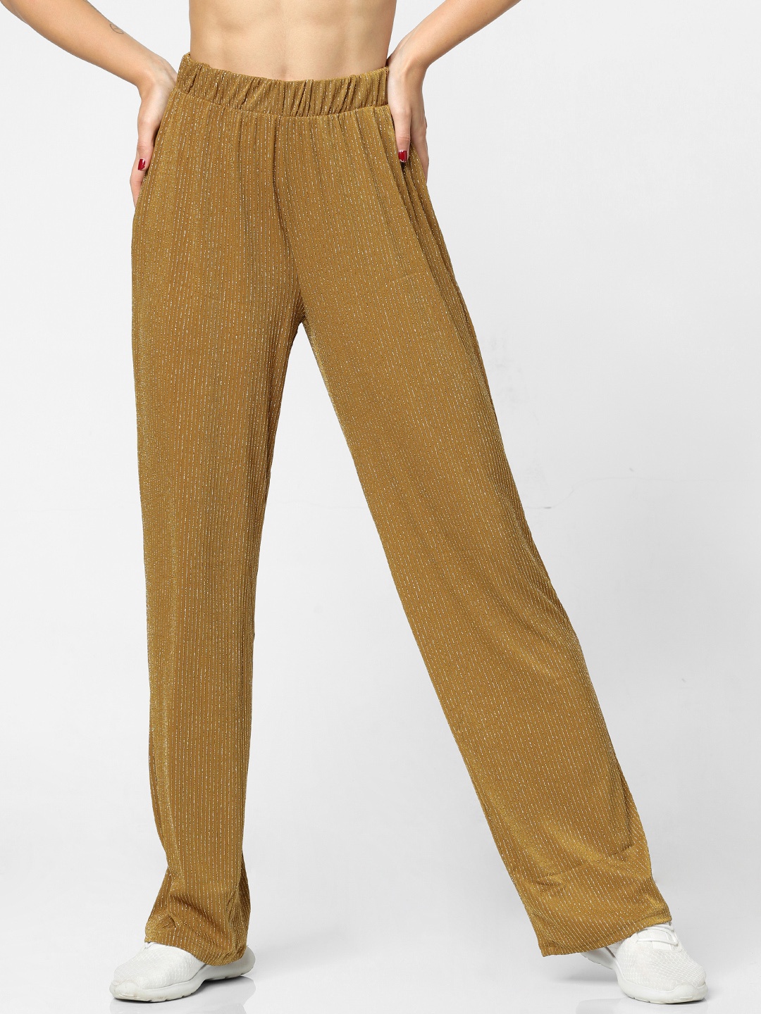 

ONLY Women Mustard Yellow Regular Fit Self Striped Sheen Knitted Parallel Trousers