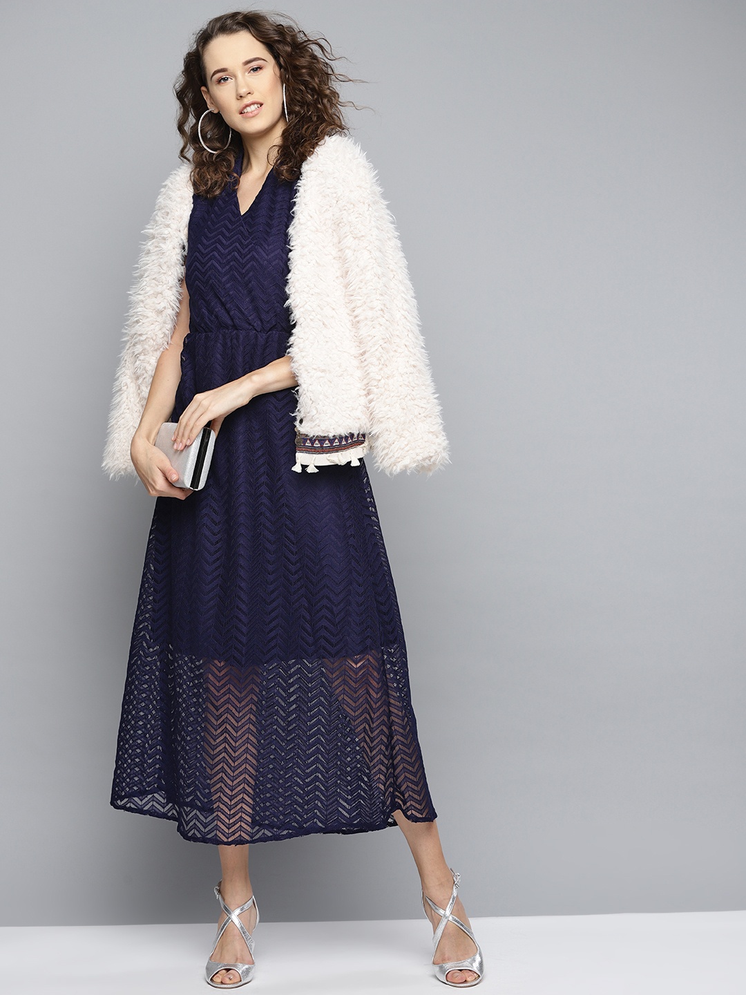 

Marie Claire Women Navy Blue Lace Self-Design Maxi Dress