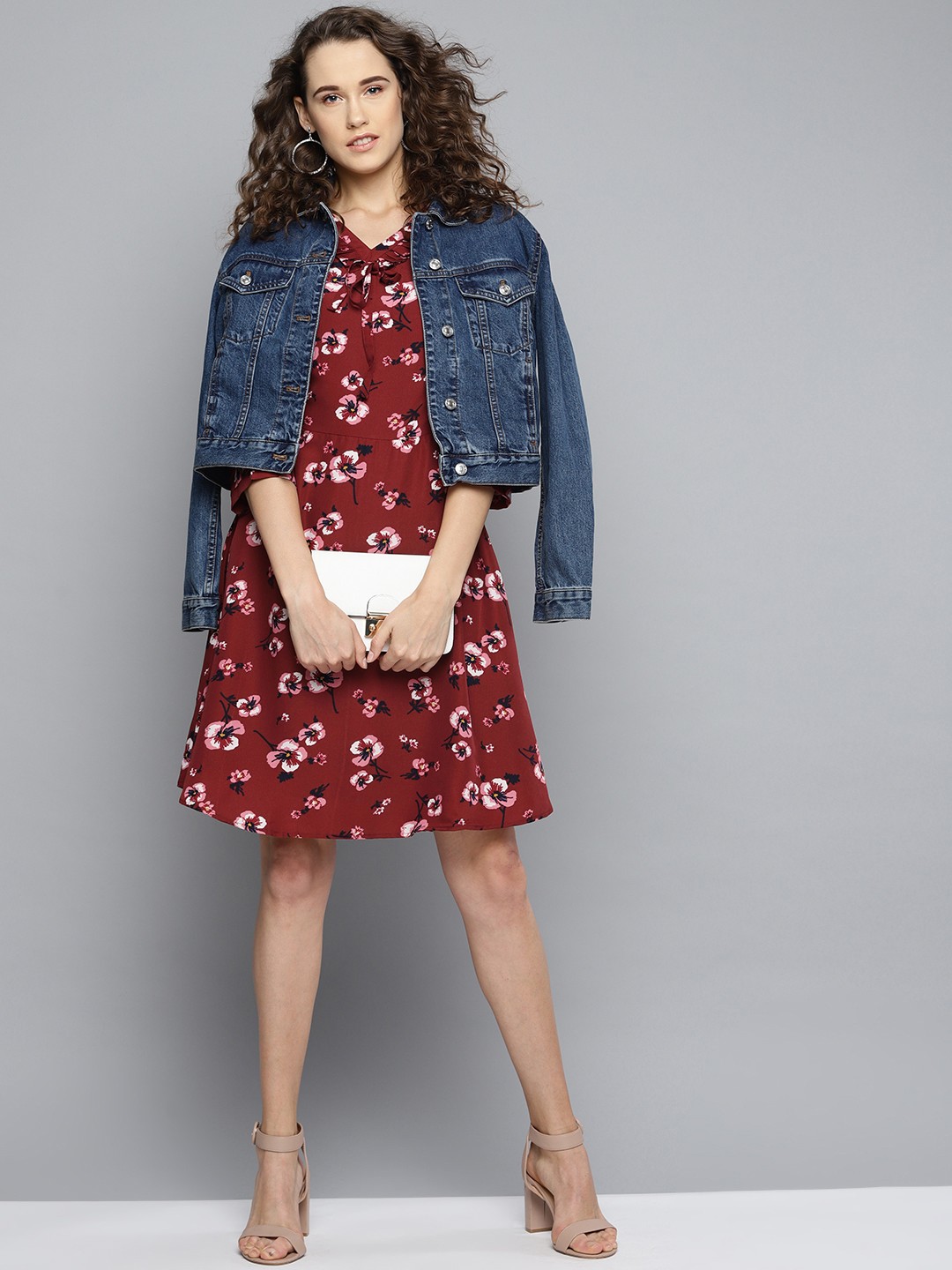 

Marie Claire Women Maroon & Pink Floral Printed A-Line Dress
