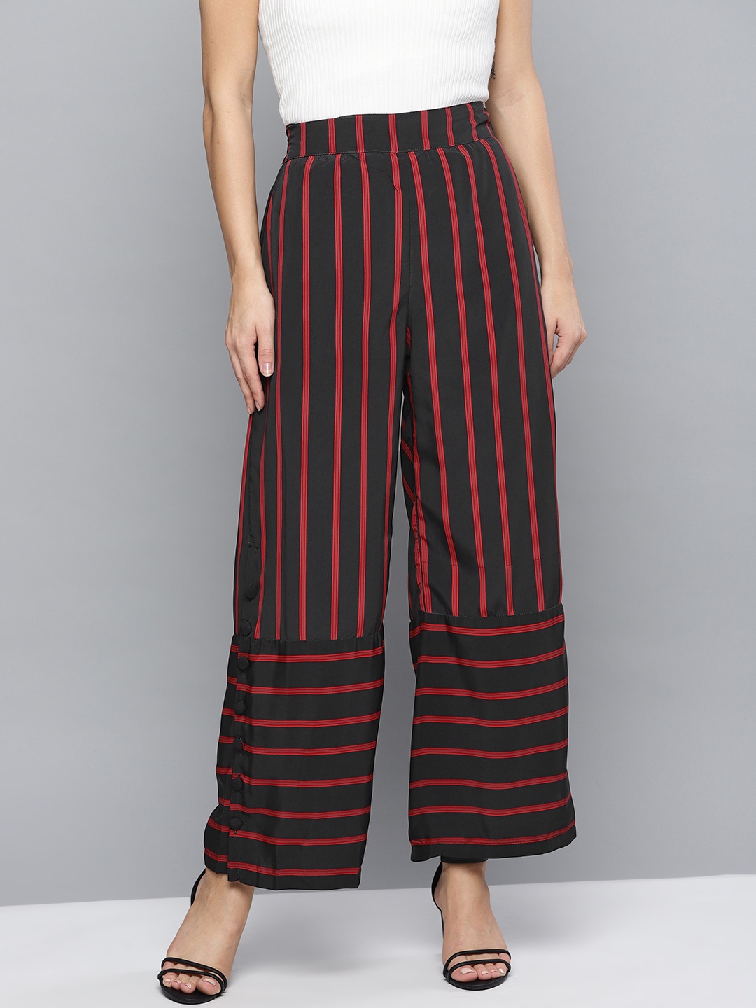 

Marie Claire Women Black & Red Regular Fit Striped Parallel Trousers