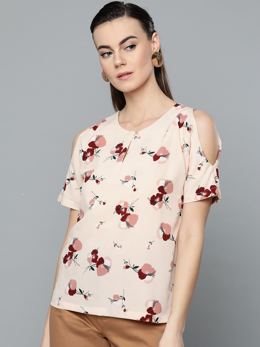 

Marie Claire Women Peach-Coloured & Maroon Cold-Shoulder Printed Top
