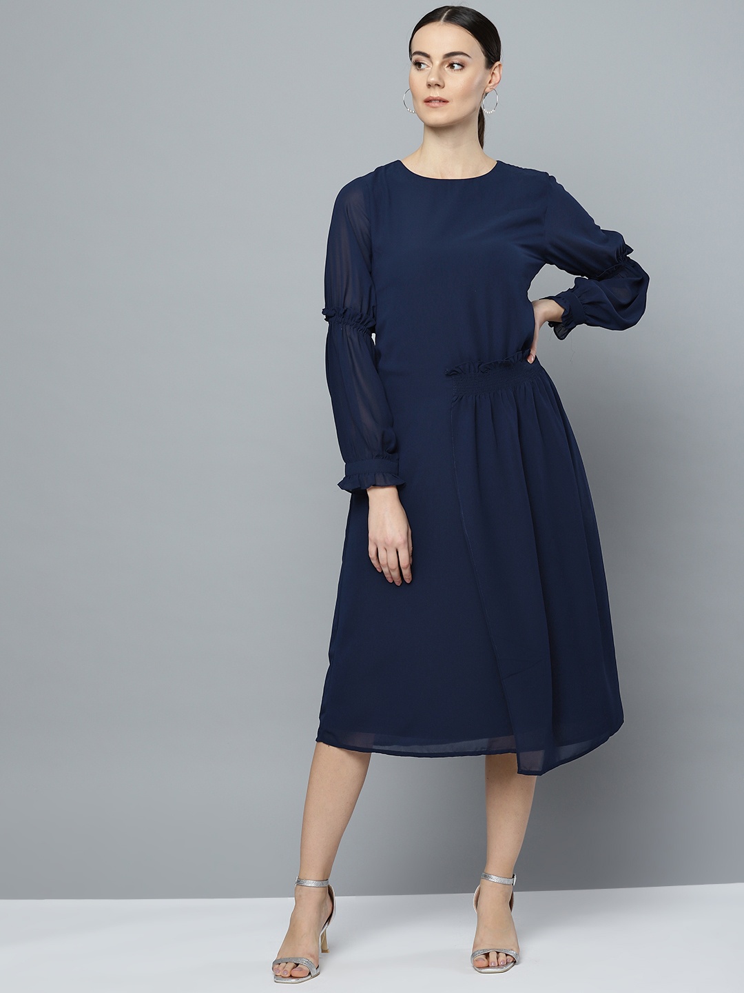 

Marie Claire Women Navy Blue Solid Midi A-Line Dress