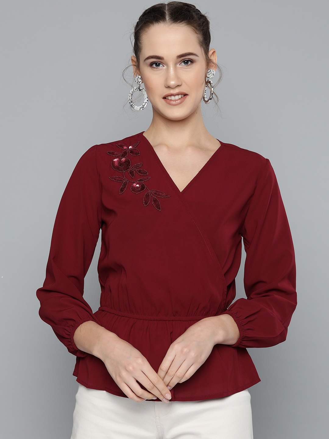 

Marie Claire Women Maroon Solid Wrap Top