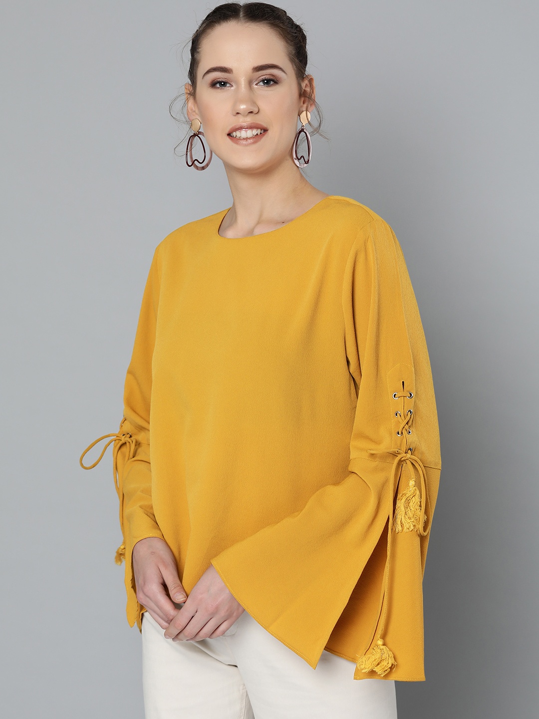 

Marie Claire Women Mustard Yellow Solid High-Low Top