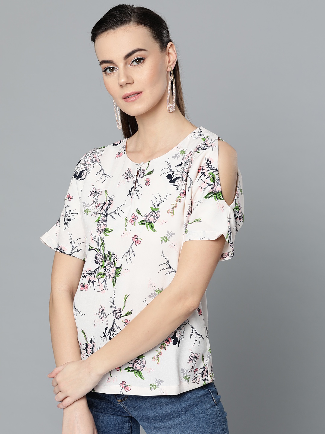 

Marie Claire Women Off-White & Green Cold-Shoulder Printed Top