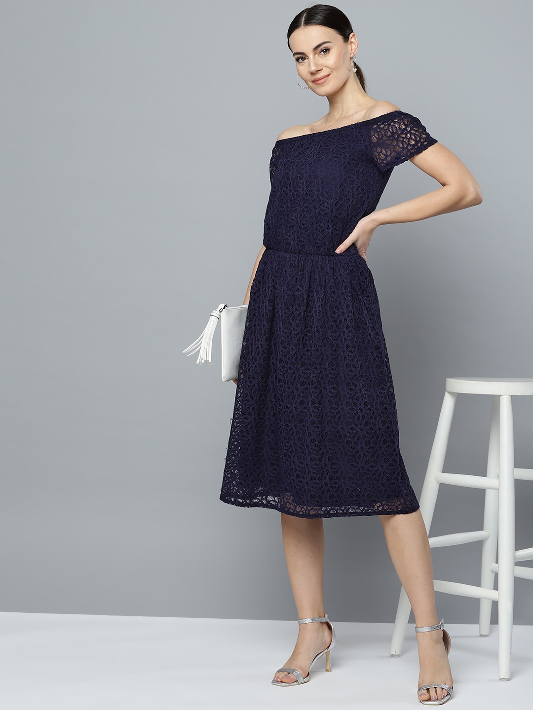 

Marie Claire Women Navy Blue Lace Midi A-Line Dress