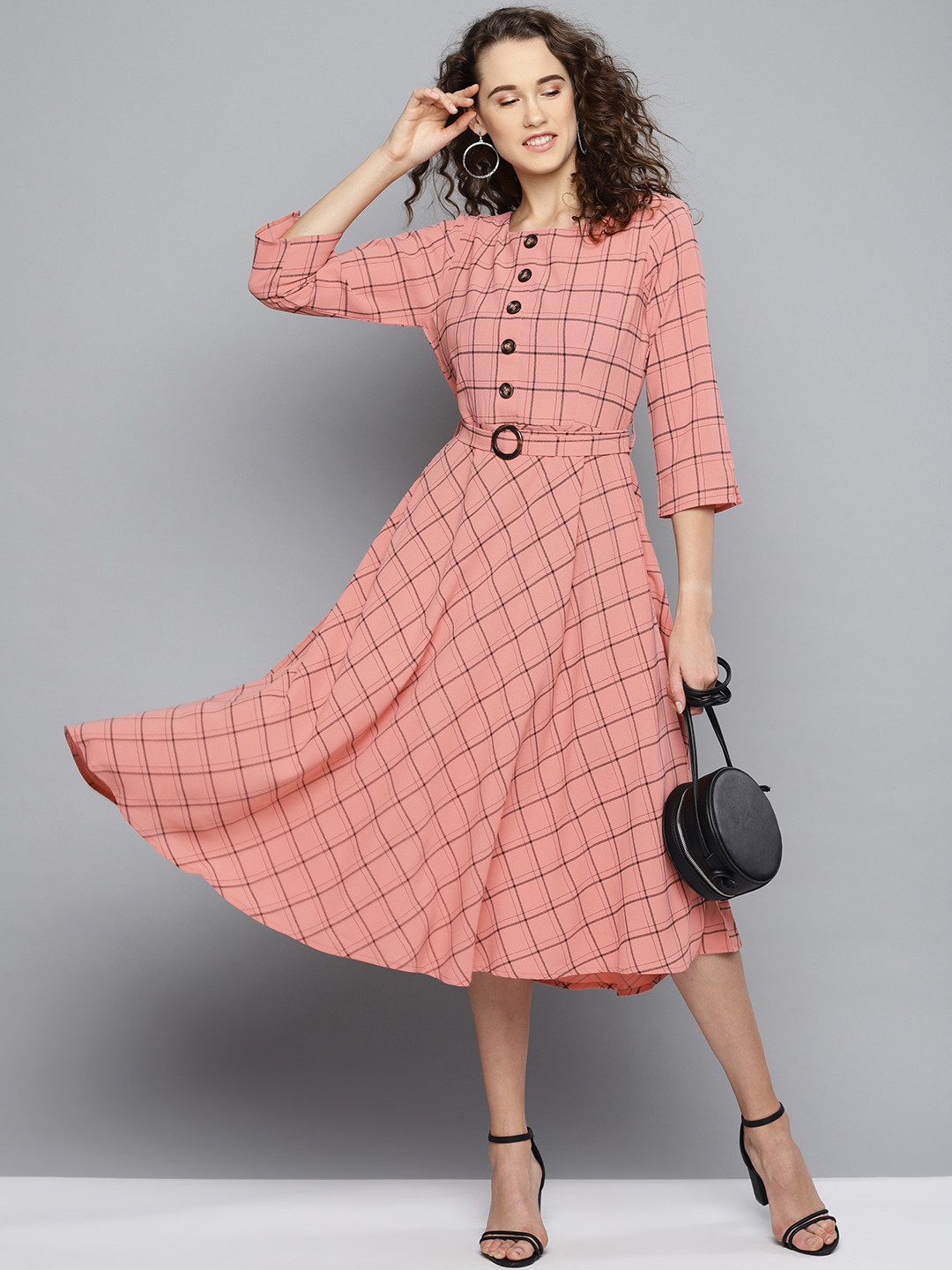 

Marie Claire Women Pink & Black Checked Midi Fit & Flare Dress