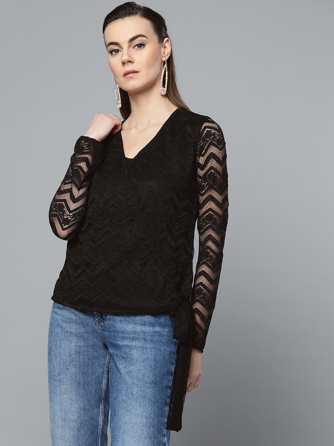 

Marie Claire Women Black Lace Semi-Sheer Wrap Top