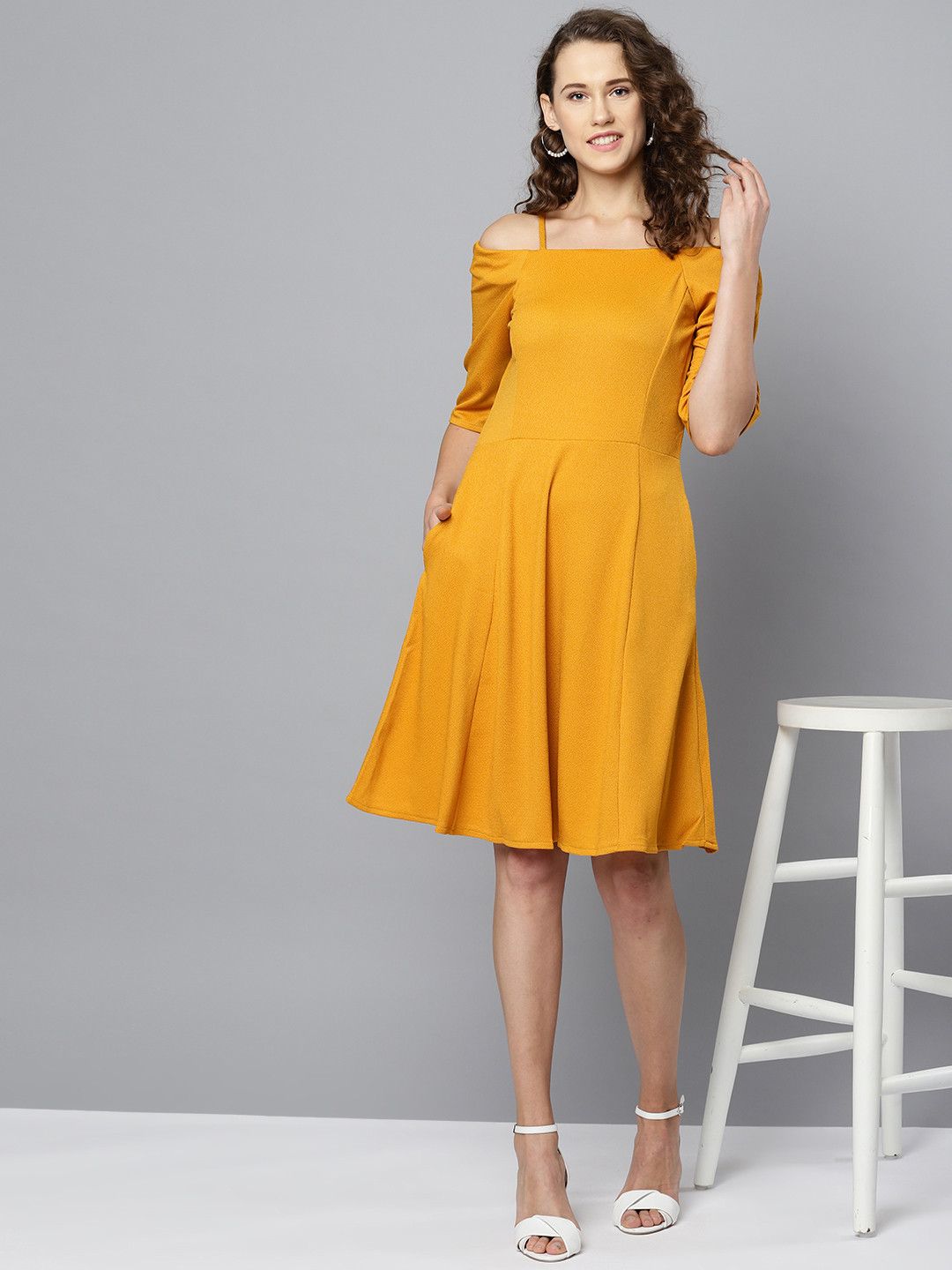 

Marie Claire Women Mustard Yellow Solid A-Line Dress