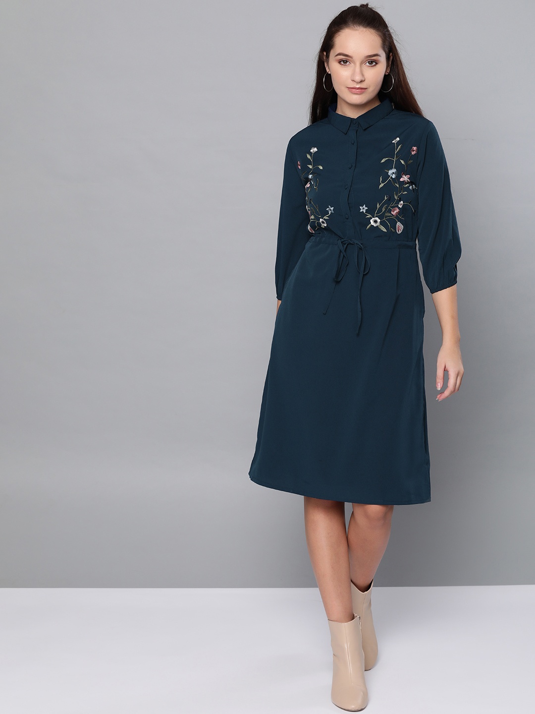 

Marie Claire Women Navy Blue Solid Shirt Dress with Embroidered Detail