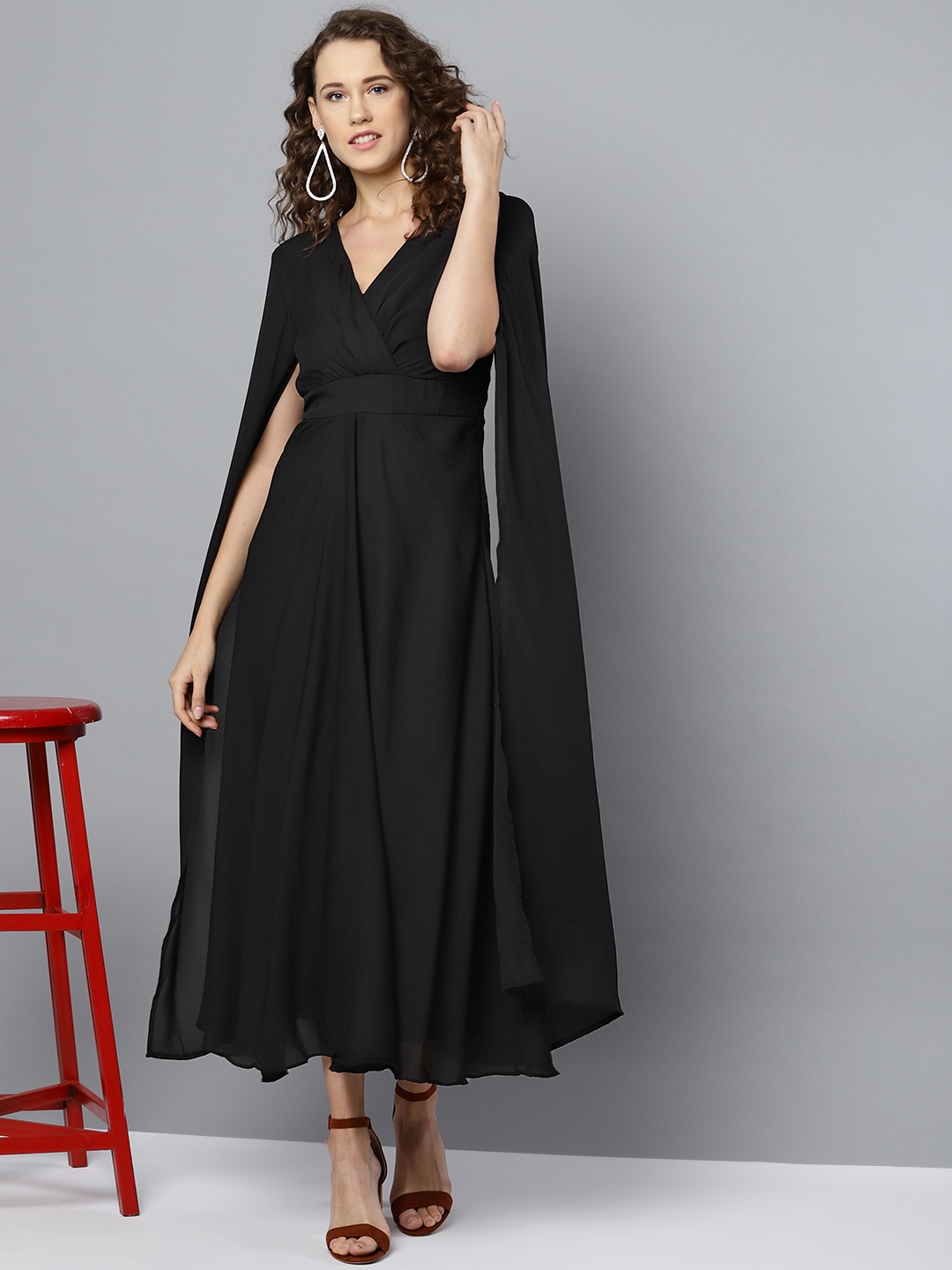 

Marie Claire Women Black Extended Cape Sleeves Solid Wrap Maxi Dress