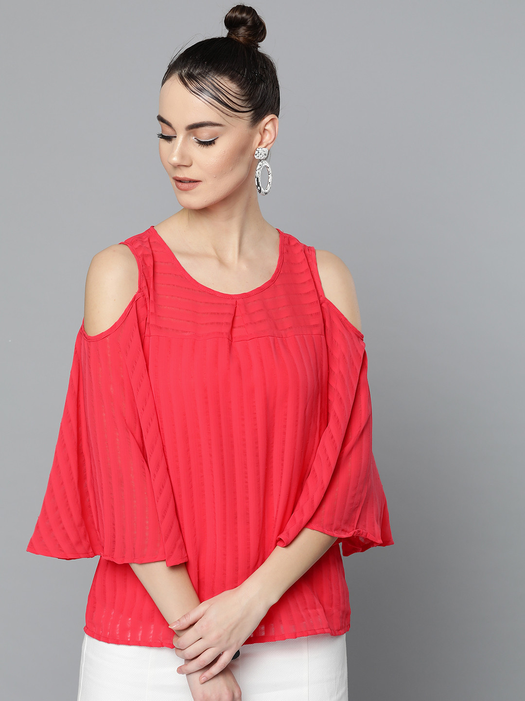 

Marie Claire Women Pink Self Striped Cold Shoulder Top