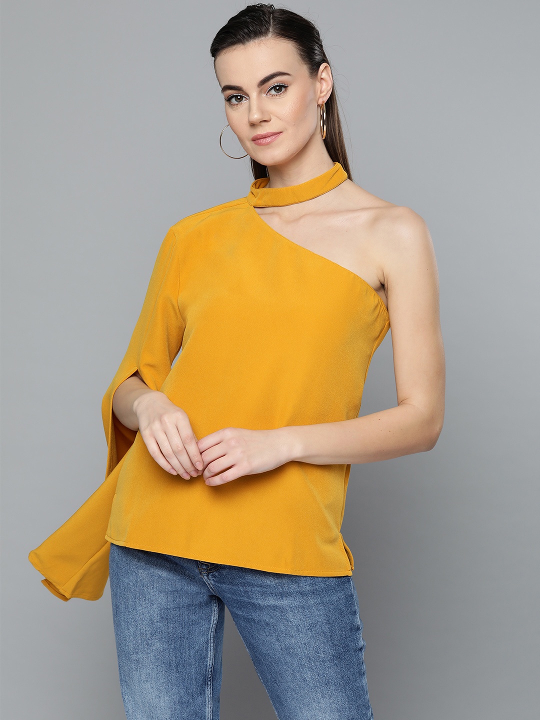 

Marie Claire Women Mustard Yellow One-Shoulder Solid Top