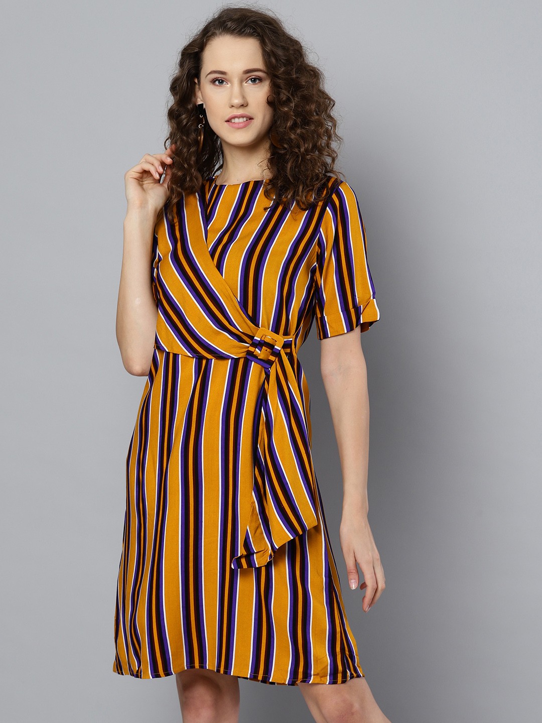 

Marie Claire Women Mustard Yellow & Purple Striped A-Line Dress