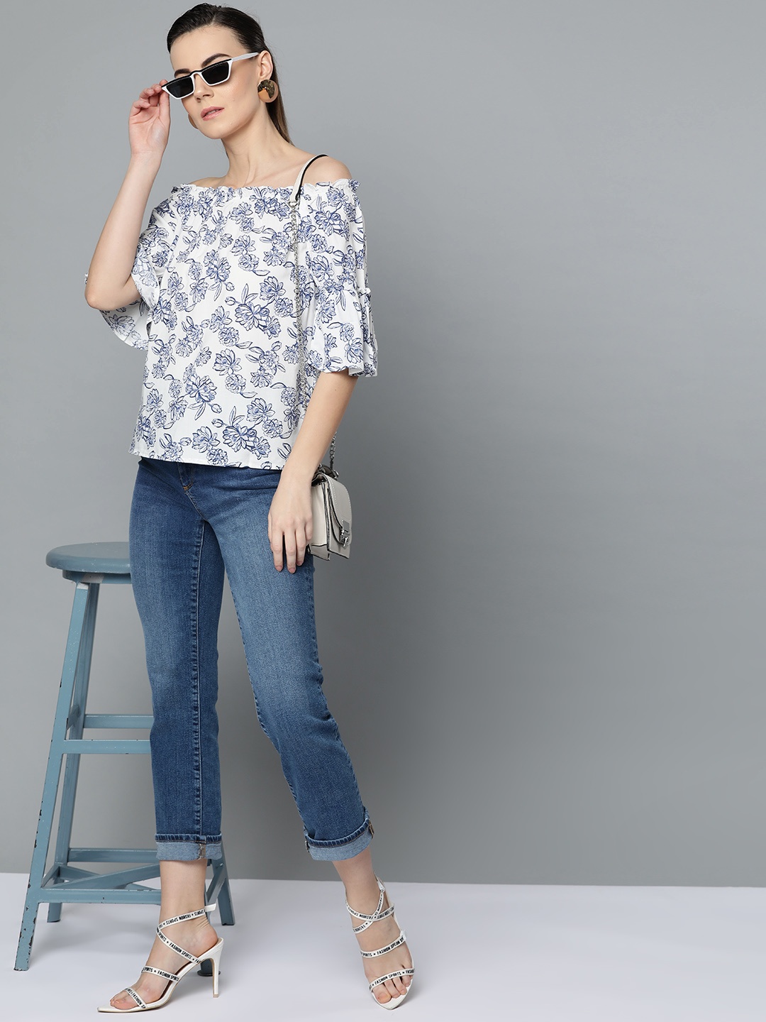 

Marie Claire Women White & Blue Floral Printed Bardot Top