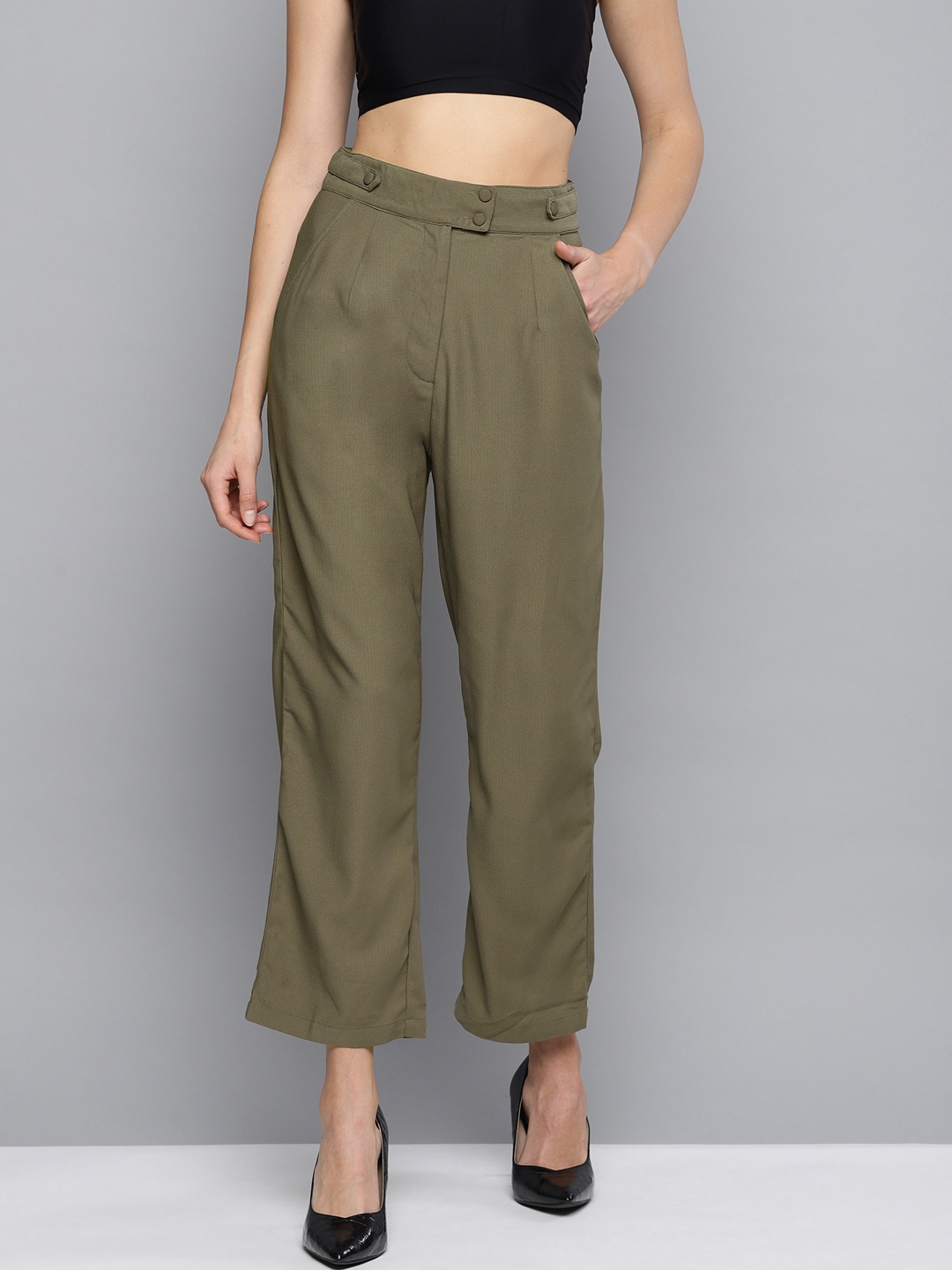 

Marie Claire Women Olive Green Regular Fit Solid Cropped Parallel Trousers