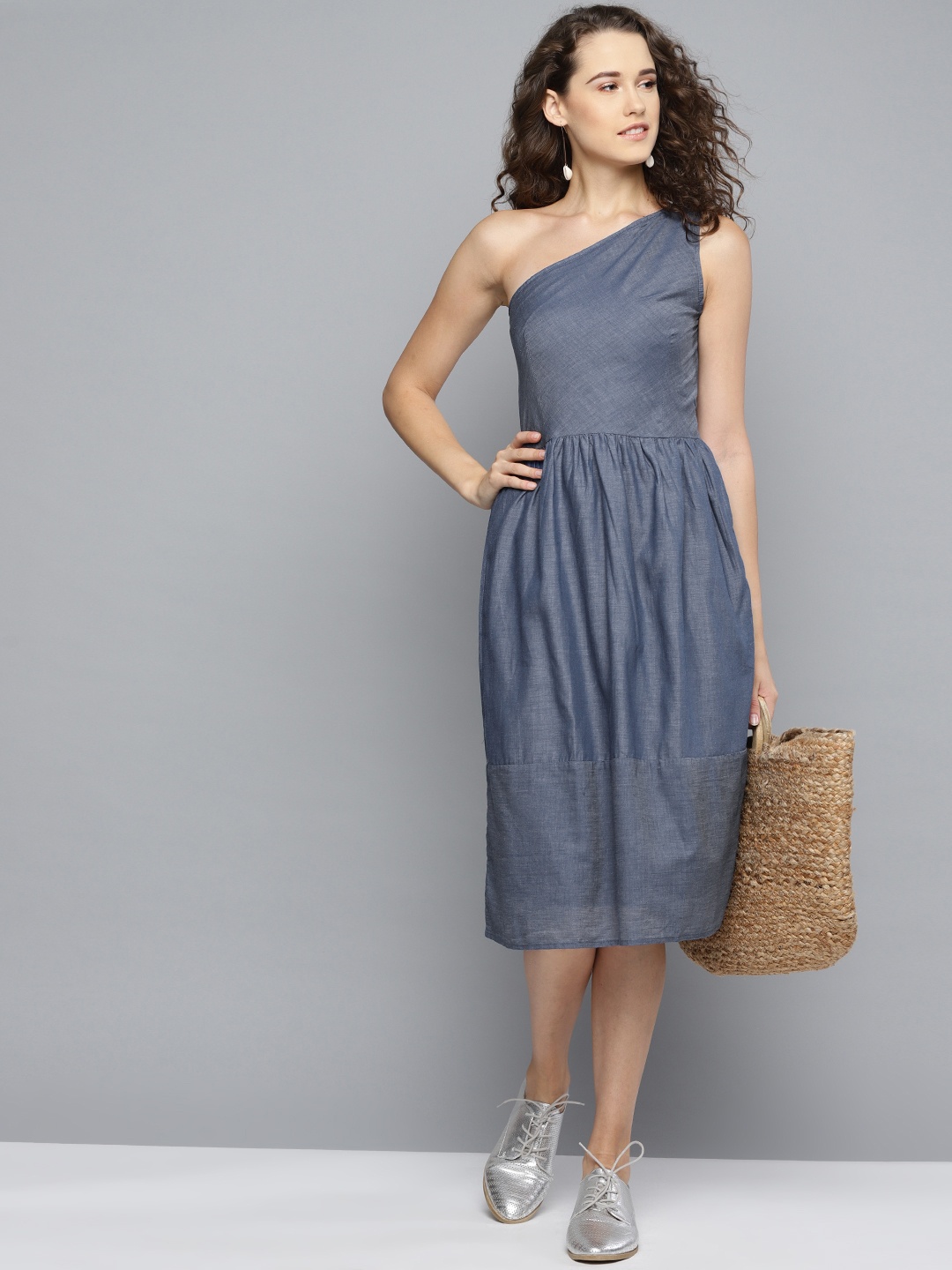 

Marie Claire Women Navy Solid One-Shoulder Shift Dress, Navy blue