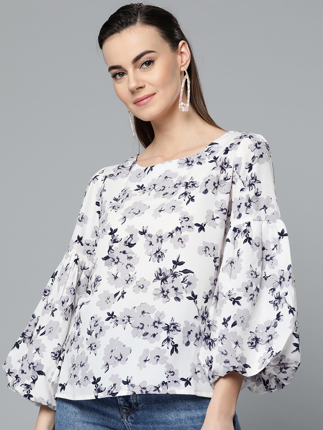 

Marie Claire Women Off-White & Navy Floral Print Top