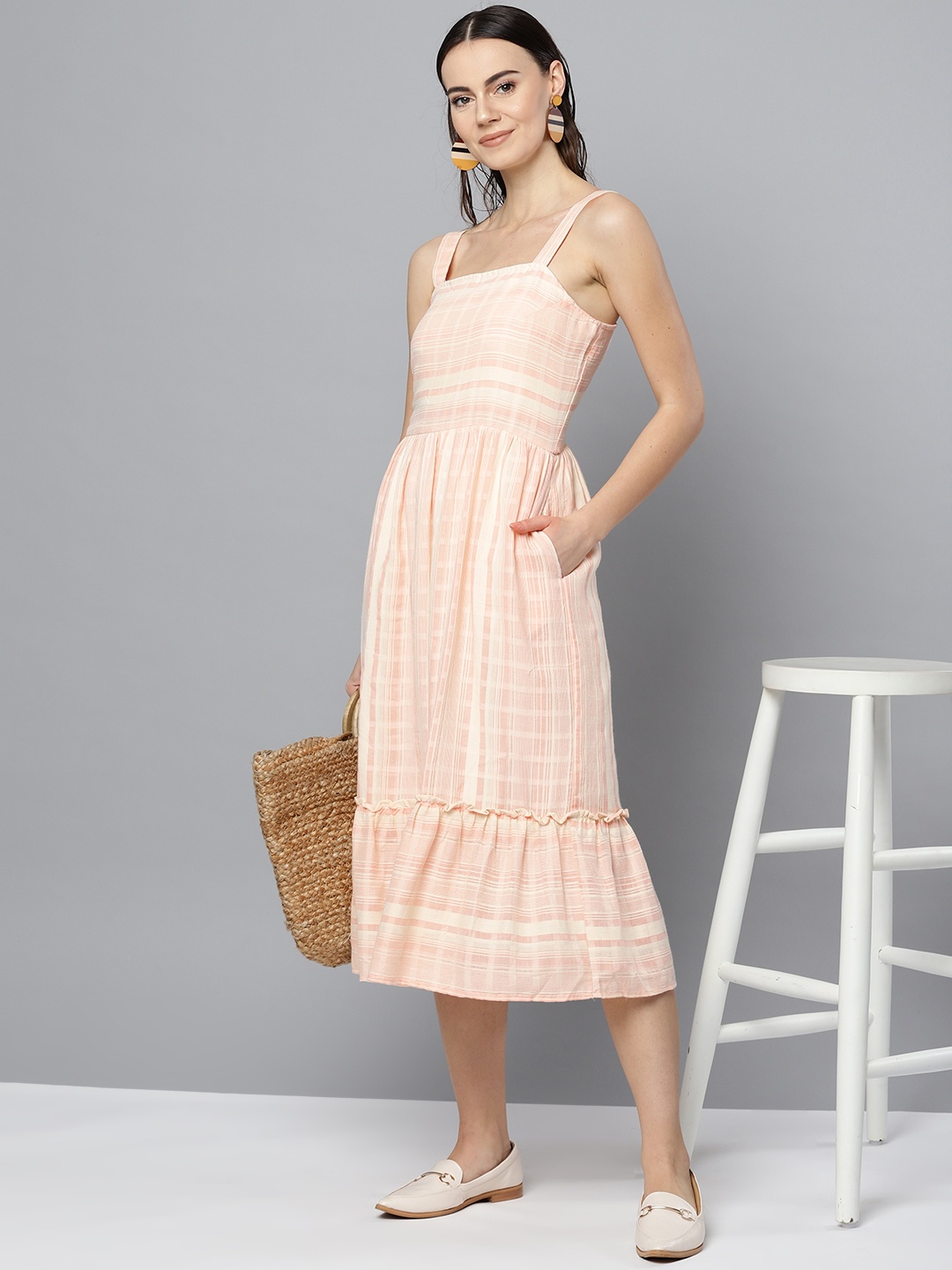 

Marie Claire Women Off-White & Pink Self-Striped A-Line Dress